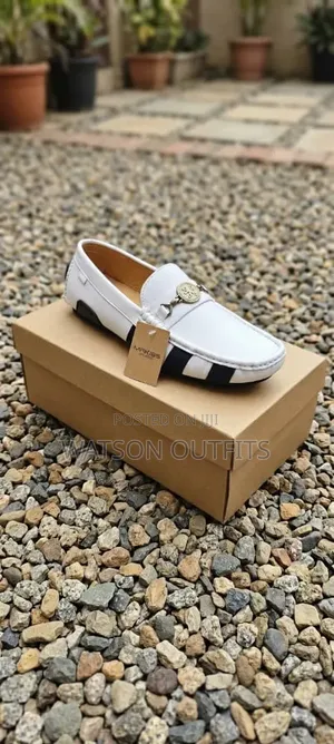 Men's Leather Shoes or Loafers White With Black Bands Makiss Brand