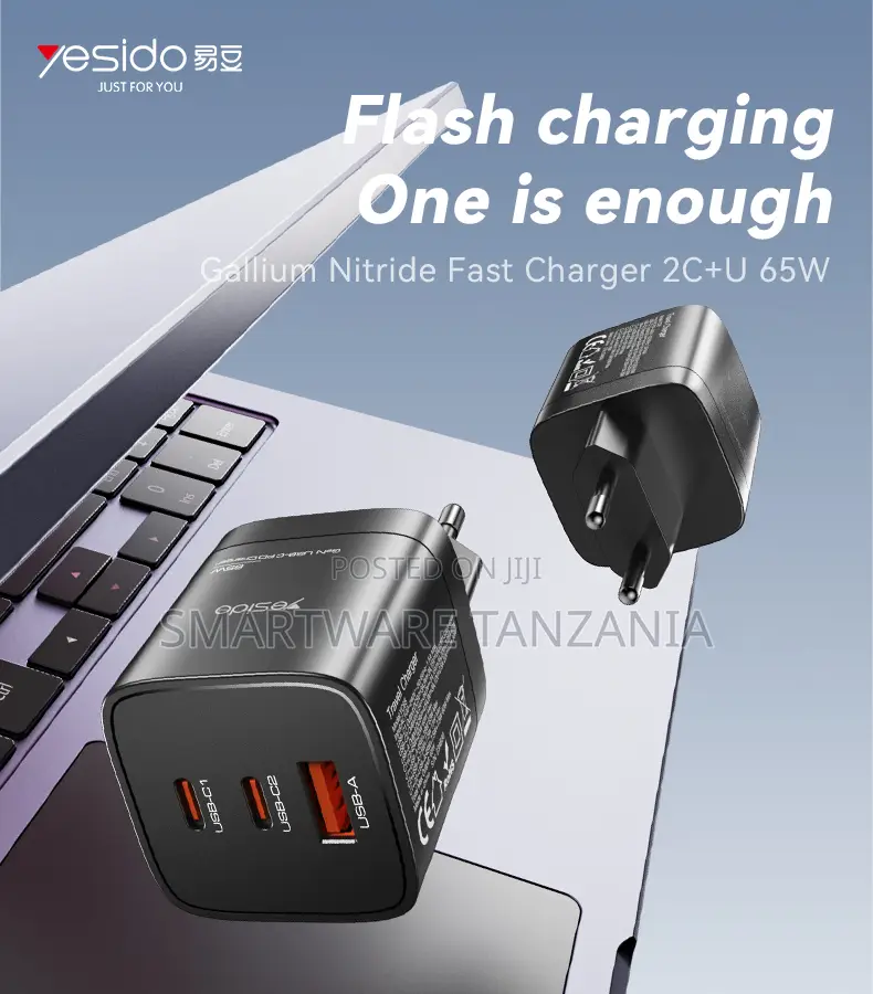 Yesido GaN Charger 65W USB-C PD Fast Charger With 3 Ports for Devices