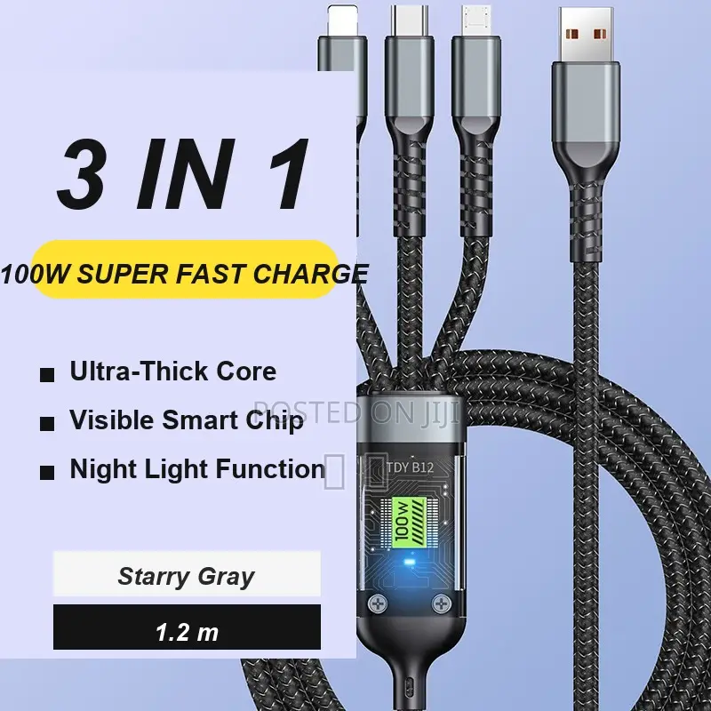 100W USB-C 3-in-1 Fast Charging Cable for iPhone/Samsung