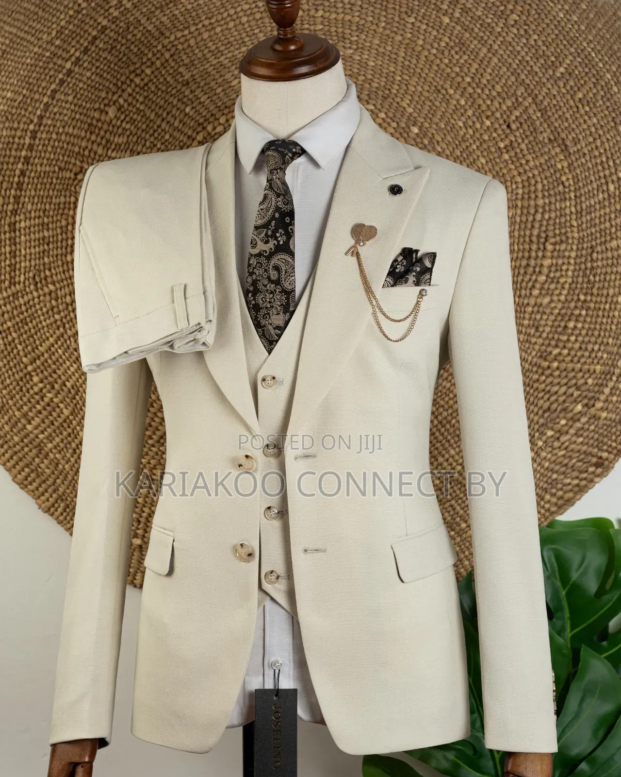 Men's Premium Cream 3-Piece Slim Fit Suit