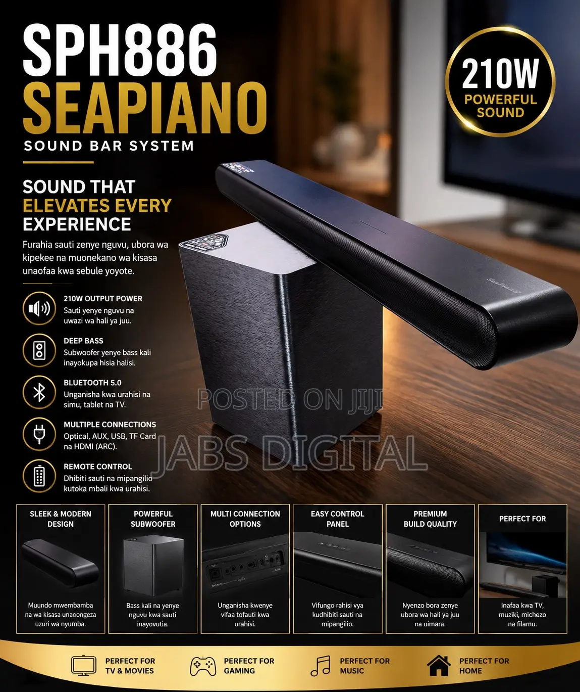SEAPIANO SPH886 210W 2.1 Channel Bluetooth Sound Bar System